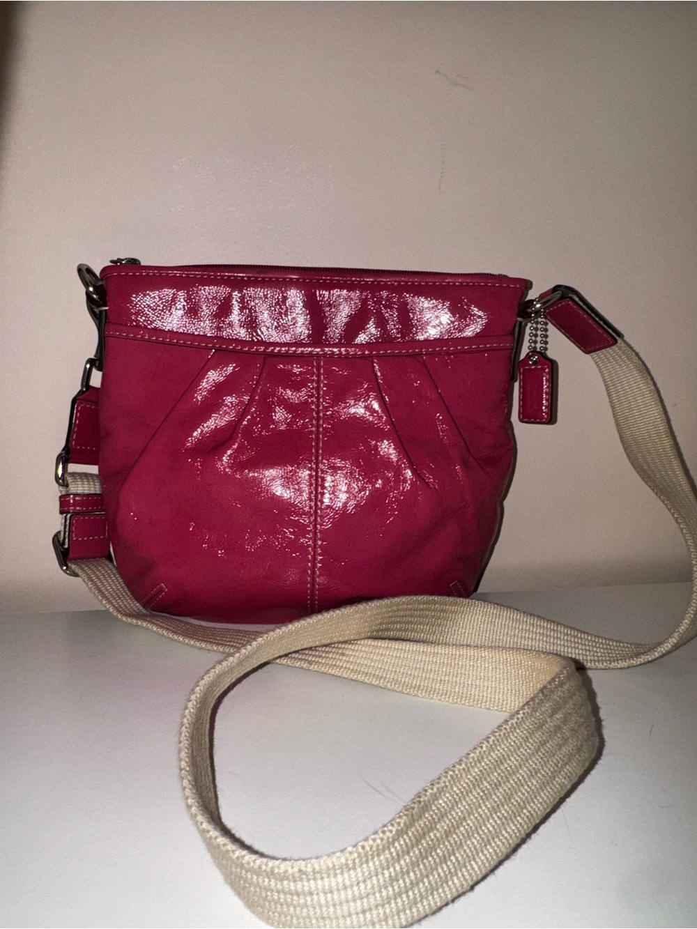 Coach Pink Leather Crossbody Small w/ Cream Strap Blue Lining MINT